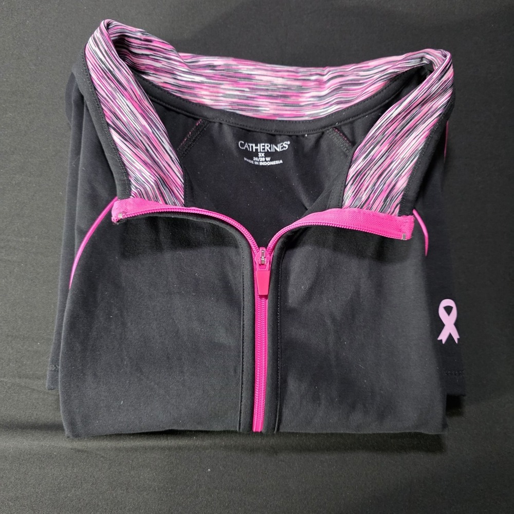 NWT Catherines 3X (26/28w) Breast Cancer‎ Awareness Vest Black & Pink Full Zip